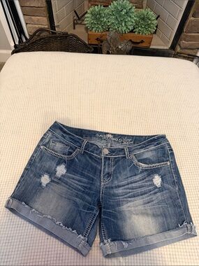 Almost Famous Distressed Blue Denim Jean Shorts with Rolled Hem